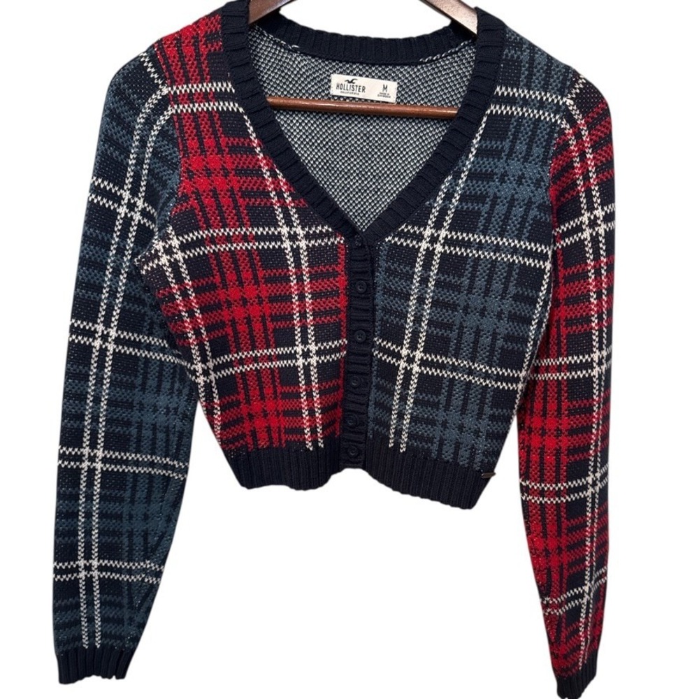 Hollister Plaid Cropped Cardigan Sweater Sz Medium Y2K style Preppy Academia‎